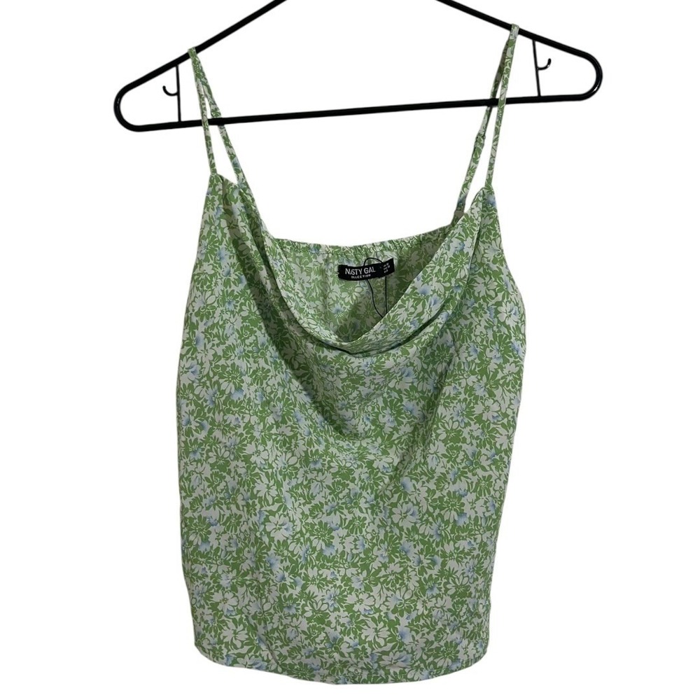 Nasty Gal Green Floral Cowl Neck Cami Top Adjustable Straps Women's Size US 6